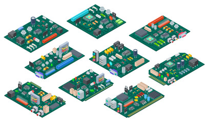 Fototapete - Circuit board isometric. Electronic computer components motherboard. Semiconductor microchip, diode. Hardware vector parts. Illustration of electronic motherboard and isometric processor and microchip