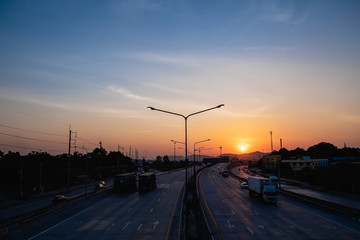 Laem Chabang Industrial Estate, Thailand, Cars on highway road on sunset time in busy city on 31 October 2018