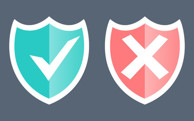 Fototapete - Set green and red shield with checkmark and cross mark. Sign of protection, safety and unsafe, security and insecurity and reliability. Modern flat design elements.  Security, Protection, Safe Concept