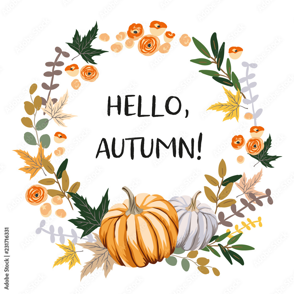 Hello Autumn wreath design template print with orange, gray pumpkin, maple  leaves. Vector Halloween illustration. October harvest background. Organic  vegetable garden food. Nature design. Fall season Stock Vector | Adobe Stock