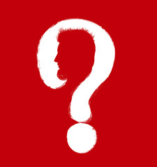 Canvas Print - Silhouette head of profile man with white question mark on red background