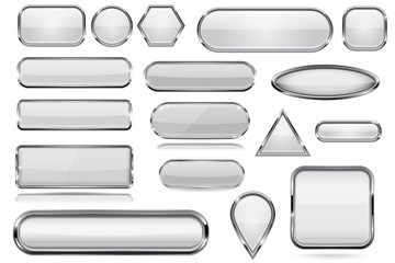 White glass 3d buttons with chrome frame. Collection