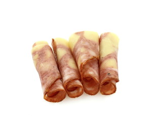 Wall Mural - Sausage with cheese inside. Salami sliced. Semi-smoked meat product. Isolated on white background. 