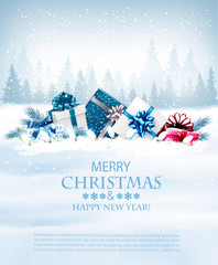 Leinwandbilder - Christmas holiday background with colorful gift boxes and garland. Vector.