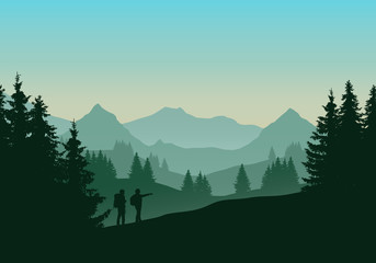 Wall Mural - vector illustration of a green landscape with coniferous forest with trees and two tourists, man and