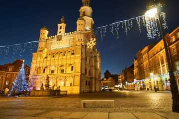 Wall Mural - Christmas tree and facade of the Renaissance town hall building in Poznan..