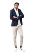 © luismolinero - Full body of Handsome african american man wearing a jacket making unimportant and doubts gesture while lifting the shoulders on white background