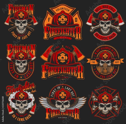 Vintage firefighting colorful emblems set