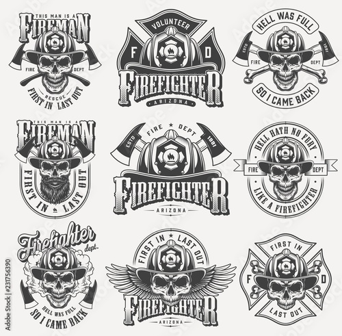 Vintage monochrome firefighting labels set