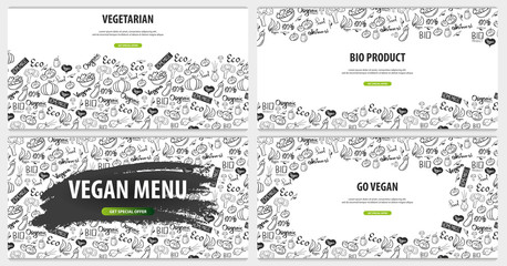 Set of Vegetarian banners. Hand-draw doodle background. Vector illustration.