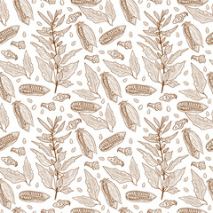 Wall Mural - Sesame. Wallpaper, seamless. Plant, leaf, seed, fruit. Sketch. Monochrome. On a white background