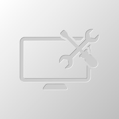 Poster - Computer repair service. Paper design. Cutted symbol. Pitted sty