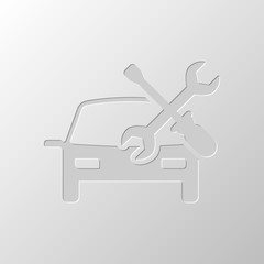 Poster - Car service, repair instrument, fix. Paper design. Cutted symbol