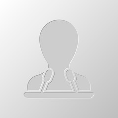 Poster - Speaker icon. Person silhouette and microphones on tribune. Pape