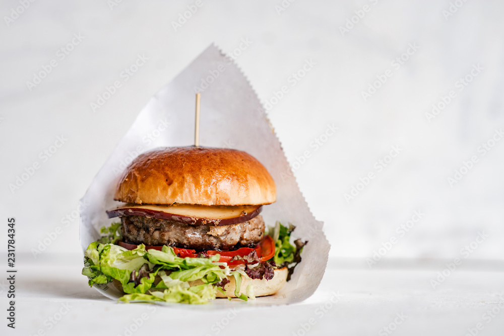 Tasty burger on isolated background. - obrazy, fototapety, plakaty 