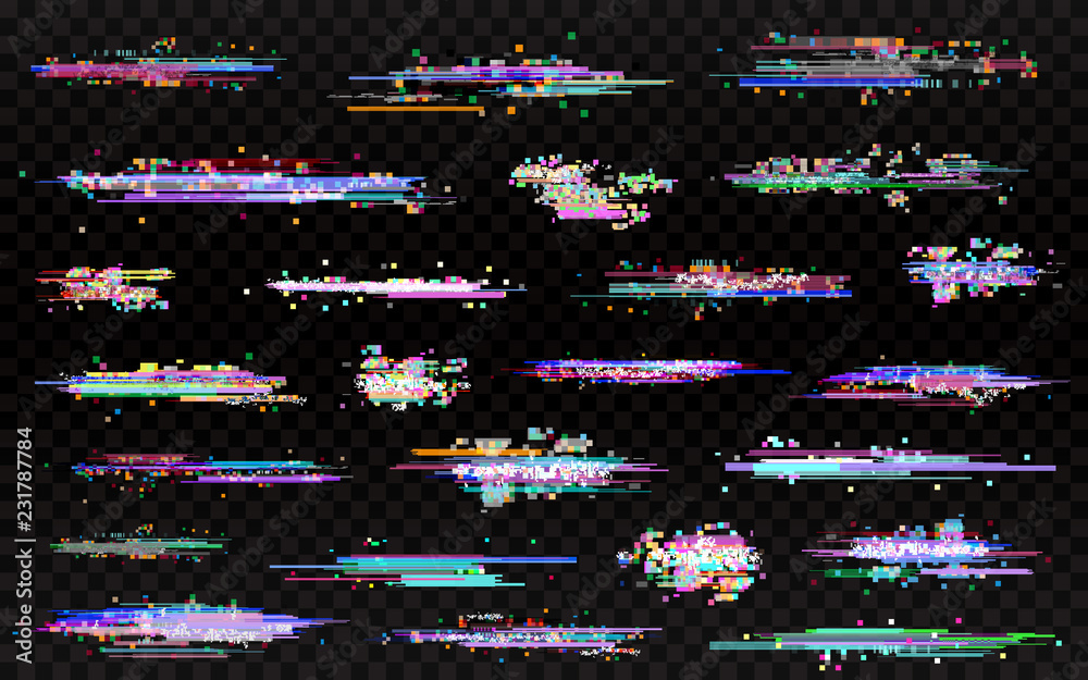 Glitch elements set. Glitched lines noise. Error templates. Color glitches collection on transparent background. Abstract noise design for poster, banner, flyer. Vector illustration - obrazy, fototapety, plakaty 