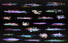 Glitch Elements Set. Glitched Lines Noise. Error Templates. Color Glitches Collection On Transparent Background. Abstract Noise Design For Poster, Banner, Flyer. Vector Illustration