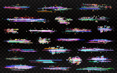 glitch elements set. glitched lines noise. error templates. color glitches collection on transparent