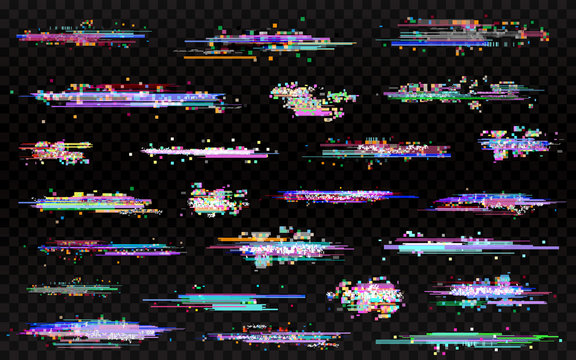 Fototapete - Glitch elements set. Glitched lines noise. Error templates. Color glitches collection on transparent background. Abstract noise design for poster, banner, flyer. Vector illustration