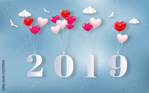 Beautiful Heart Shaped Balloons Floating In Sky With Happy New Year 19 Paper Art Style Flat Style Vector Illustration Stock Vector Adobe Stock