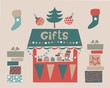 Christmas market illustration. Gifts shop