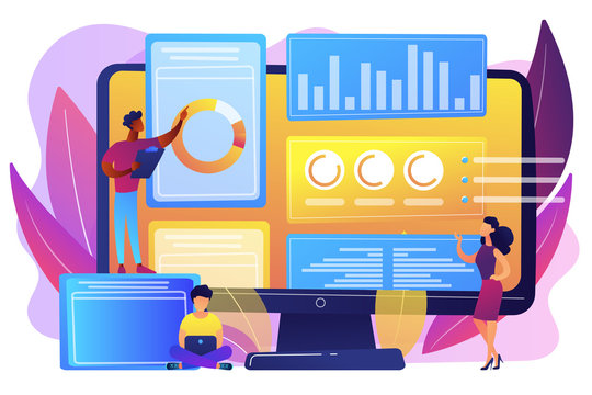 Business analysts performing idea management on computer screen. Innovation management software, brainstorming tools, inovation IT control concept. Bright vibrant violet vector isolated illustration