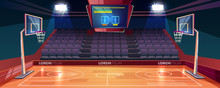 Basketball Court With Wooden Floor, Scoreboard On Ceiling And Empty Fan Sector Seats Cartoon Vector Illustration. Modern Indoor Stadium Illuminated With Spotlights. Sports Arena Or Hall For Team Games