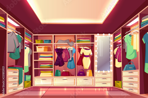 Spacious Walk In Closet Or Dressing Room Full Of Women Clothes