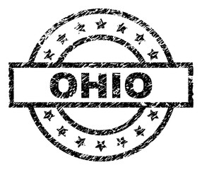 Wall Mural - OHIO stamp seal watermark with distress style. Designed with rectangle, circles and stars. Black vector rubber print of OHIO caption with corroded texture.