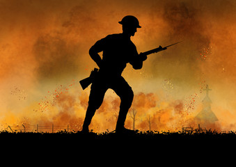 Wall Mural - World War British soldiers silhouette on a battlefield.