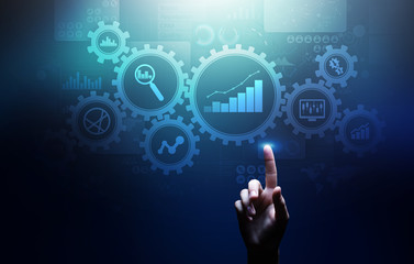 Poster - Big Data analysis, Business process analytics diagrams with gears and icons on virtual screen.