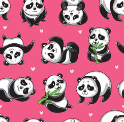 Wall Mural - Cute pandas seamless pattern. Vector illustration for greeting card, poster, or print on clothes