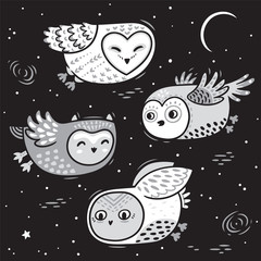 Wall Mural - Hand drawn night card with cute little flying owls