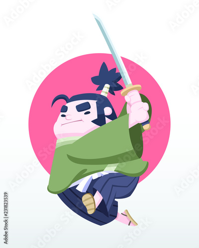 Fotografía Cute style determined Japanese chubby samurai jumping with katana in his hand ve