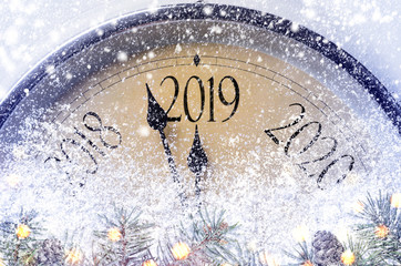 Wall Mural - Countdown to midnight. Retro style clock counting last moments before Christmass or New Year 2019.