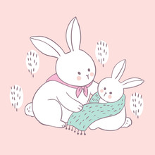 Cartoon Cute Rabbit Mom And Baby Vector.