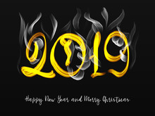 Number 2019 Written By Flames Of Fire Isolated On Black Background. New Year Concept Fire.