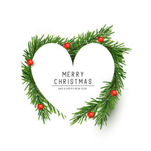 A Heart Shaped Christmas Frame Made With Fir Branches And Red Berries. Flat Lay Vector Illustration