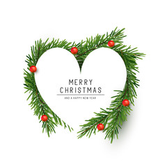 Wall Mural - a heart shaped christmas frame made with fir branches and red berries. flat lay vector illustration