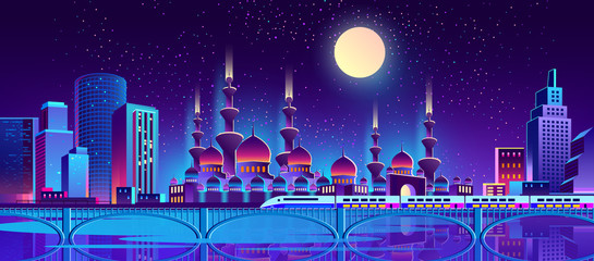 Wall Mural - Vector background with night city illuminated with neon glowing lights. Muslim culture, Arabic or Turkish urban concept. Cityscape with big mosque and minarets, modern buildings, high skyscrapers