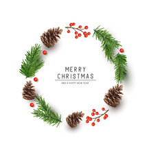 A Round Shaped Christmas Frame Made With Fir Branches, Pine Cones And Red Berries. Flat Lay Vector Illustration