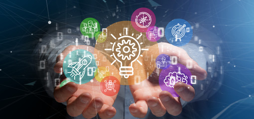 Poster - cloud of colorfull start up icon bubble with data businessman holding a binary 3d rendering