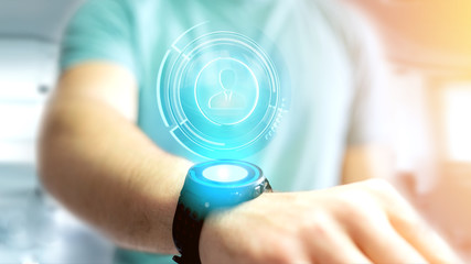 Poster - Businessman holding a Shinny technologic network contact button  - 3d render