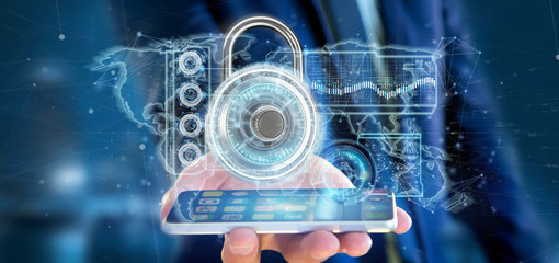Poster - Man holding a padlock security technology interface 3d rendering