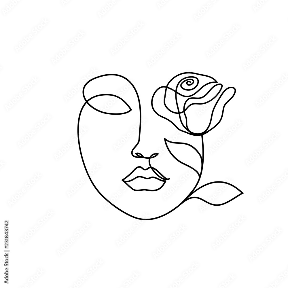 Abstract beauty woman face with rose. Continuous line drawing Stock ...