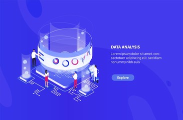 Aufkleber - Creative web banner template with tiny people standing around giant integral circuit, charts, diagrams and graphs on virtual screen. Big data analysis, statistical analytics. Vector illustration.