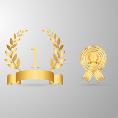prize. trophy icons set. gold award laurel wreath. beautiful golden trophy cups and awards of differ