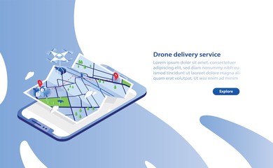 Poster - Web banner template with drone carrying box and flying above city map and giant smartphone. Delivery service with automated quadrotor, modern electronic device. Isometric vector illustration.