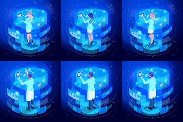 Poster - isometric set of doctors working on virtual screens, remote control of medical life support devices.
