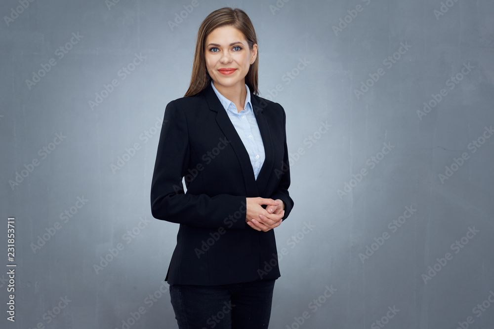 business woman wearing black suit isolated studio portrait. Stock Photo ...